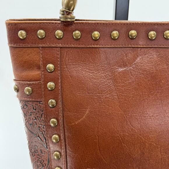 Vtg Scully Brown Tooled Beaded Leather Shoulder Bucket Bag Purse Western Boho - Picture 7 of 11